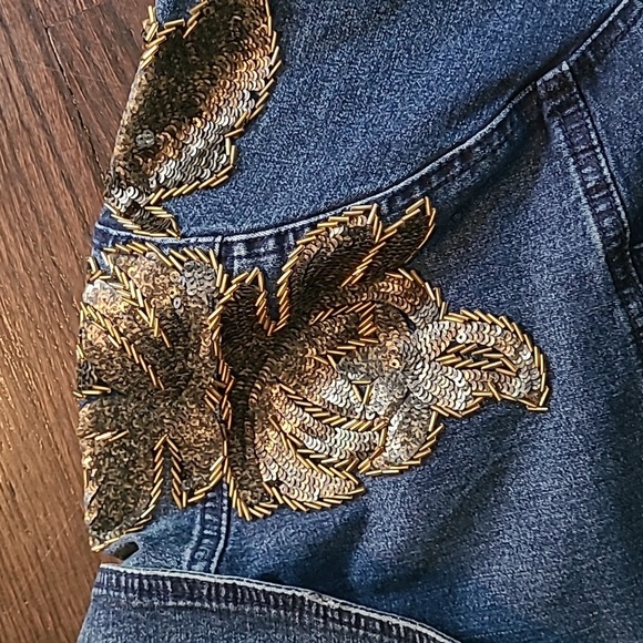 Denim 24/7 Wmns Plus 30W Blue Denim Gold Beaded Sequins Jacket Embellished Bling - Picture 5 of 16